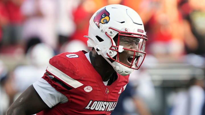 Louisville’s Chris Bell celebrates scoring a touchdown against Virginia at L&N Stadium Saturday.
Oct. 4, 2025