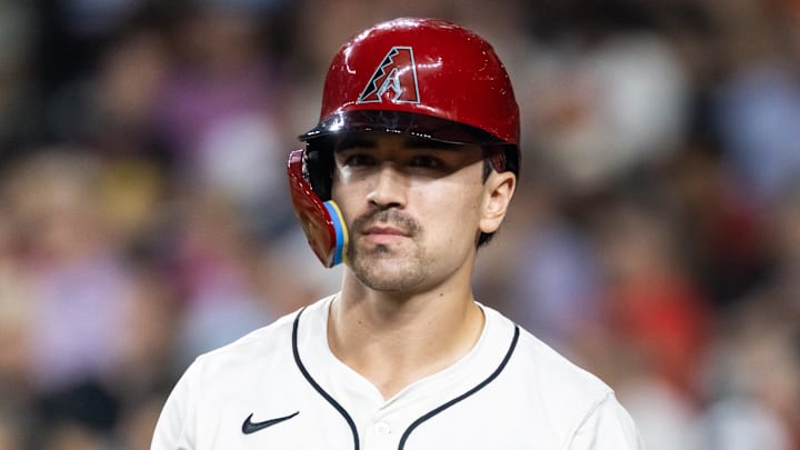 Sep 16, 2025; Phoenix, Arizona, USA; Arizona Diamondbacks outfielder Corbin Carroll against the San Francisco Giants at Chase Field. Mandatory Credit: Mark J. Rebilas-Imagn Images