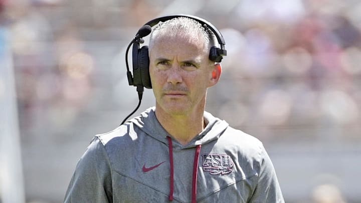 Sep 14, 2024; Tallahassee, Florida, USA; Florida State Seminoles head coach Mike Norvell looks on during the first half against the Memphis Tigers at Doak S. Campbell Stadium. Mandatory Credit: Melina Myers-Imagn Images