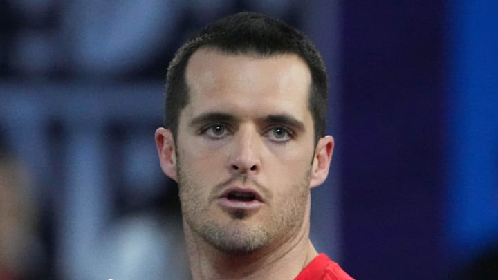 Feb 2, 2023; Henderson, NV, USA; Las Vegas Raiders quarterback Derek Carr (4) throws the ball during the Pro Bowl Skills competition at the Intermountain Healthcare Performance Facility. Mandatory Credit: Kirby Lee-Imagn Images
