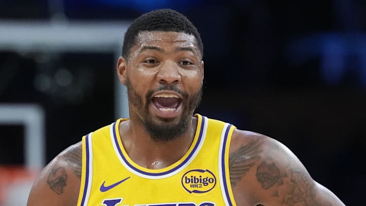 Mar 6, 2026; Los Angeles, California, USA; Los Angeles Lakers guard Marcus Smart (36) reacts against the Indiana Pacers in the second half at Crypto.com Arena. Mandatory Credit: Kirby Lee-Imagn Images