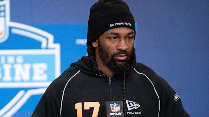 Indiana wideout Omar Cooper Jr. speaks to members of the media during the NFL Combine at the Indiana Convention Center.