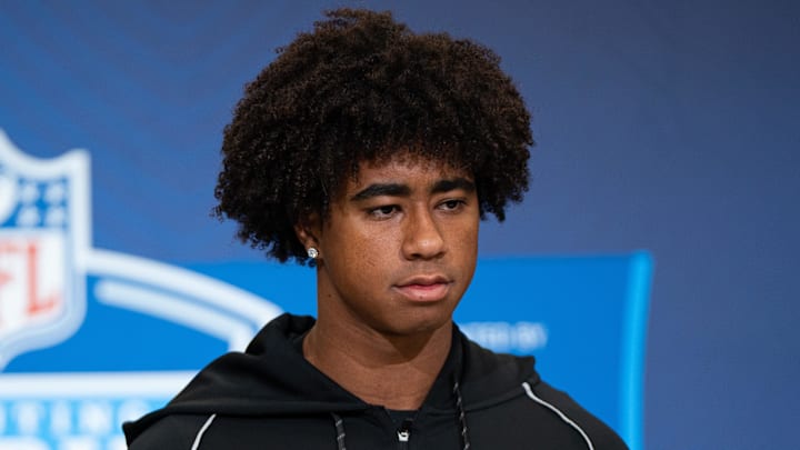 Feb 27, 2026; Indianapolis, IN, USA; Southern California wideout Ja'Kobi Lane (WO27) speaks to members of the media during the NFL Combine at the Indiana Convention Center. Mandatory Credit: Jacob Musselman-Imagn Images