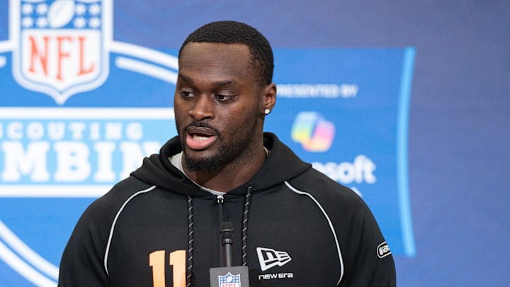 Feb 27, 2026; Indianapolis, IN, USA; Notre Dame running back Jeremiyah Love (RB11) speaks to members of the media during the NFL Combine at the Indiana Convention Center. Mandatory Credit: Jacob Musselman-Imagn Images