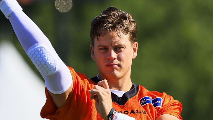Cincinnati Bengals quarterback Joe Burrow throws a pass during training camp.