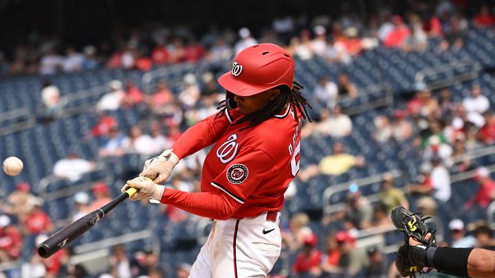 Jun 14, 2026; Washington, District of Columbia, USA; Washington Nationals shortstop CJ Abrams (5) hits the ball into play against the Seattle Mariners during the eighth inning at Nationals Park. Mandatory Credit: Rafael Suanes-Imagn Images Jun 14, 2026; Washington, District of Columbia, USA; Washington Nationals shortstop CJ Abrams (5) hits the ball into play against the Seattle Mariners during the eighth inning at Nationals Park. Mandatory Credit: Rafael Suanes-Imagn Images