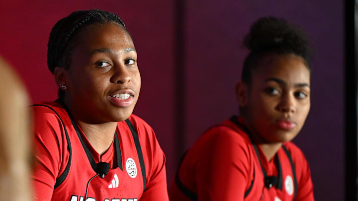 Oct 6, 2025; Charlotte, NC, USA; North Carolina State player Zoe Brooks answers questions from the media at The Hilton Charlotte Uptown. Mandatory Credit: William Howard-Imagn Images