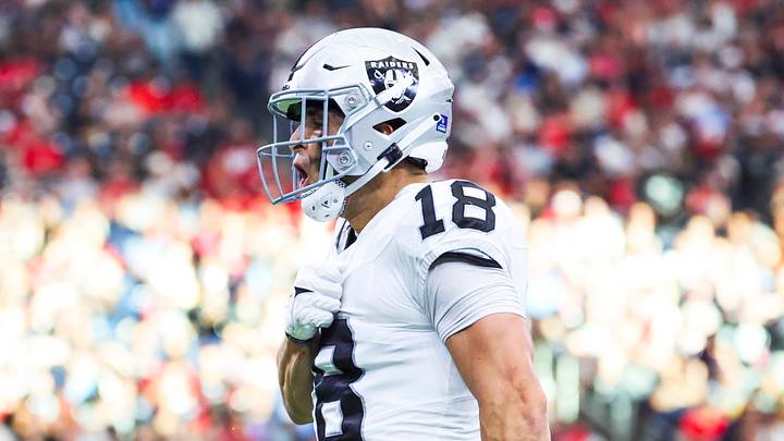 Dec 21, 2025; Houston, Texas, USA; Las Vegas Raiders wide receiver Jack Bech (18) reacts after catching a pass against the Houston Texans during the first quarter at NRG Stadium. Mandatory Credit: Troy Taormina-Imagn Images Dec 21, 2025; Houston, Texas, USA; Las Vegas Raiders wide receiver Jack Bech (18) reacts after catching a pass against the Houston Texans during the first quarter at NRG Stadium. Mandatory Credit: Troy Taormina-Imagn Images