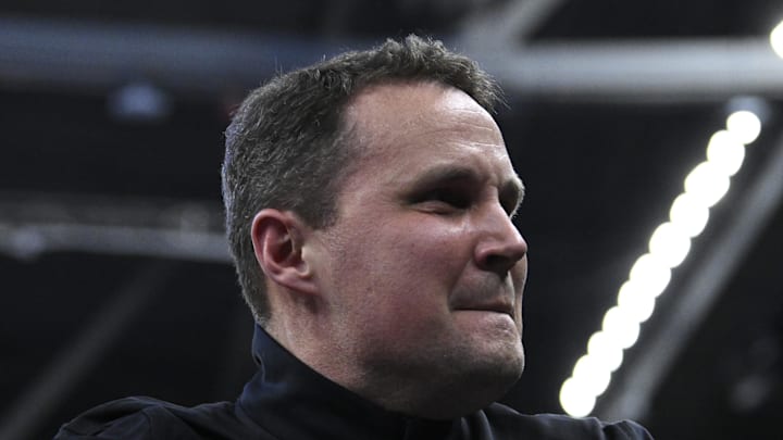 Mar 20, 2025; Providence, RI, USA;  McNeese State Cowboys head coach Will Wade celebrates after defeating the Clemson Tigers at Amica Mutual Pavilion. Mandatory Credit: Eric Canha-Imagn Images