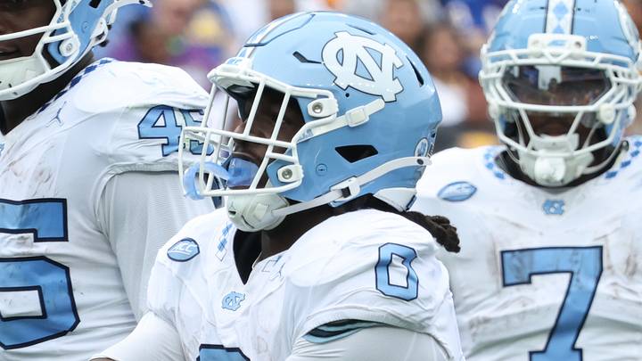 Oct 10, 2026; Pittsburgh, Pennsylvania, USA;  North Carolina Tar Heels tight end Jelani Thurman (45) and running back Demon June (0) celebrate a touchdown by June during the third quarter against the Pittsburgh Panthers at Acrisure Stadium.  Mandatory Credit: Charles LeClaire-Imagn Images
