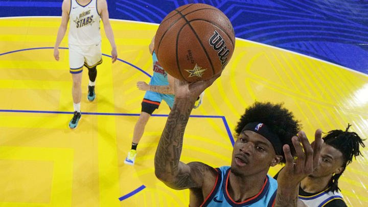 February 14, 2025; San Francisco, California, USA; Team G-League guard Dink Pate (1) of the Mexico City Capitanes shoots the ball against Team C during the 2025 NBA Rising Stars Game at Chase Center. Mandatory Credit: Kyle Terada-Imagn Images