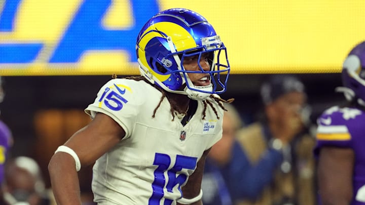 Oct 24, 2024; Inglewood, California, USA; Los Angeles Rams wide receiver Demarcus Robinson (15) celebrates after scoring on a 25-yard touchdown reception against the Minnesota Vikings in the second half at SoFi Stadium. Mandatory Credit: Kirby Lee-Imagn Images