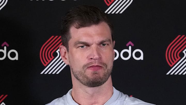 Portland Trail Blazers interim coach Tiago Splitter at press conference.