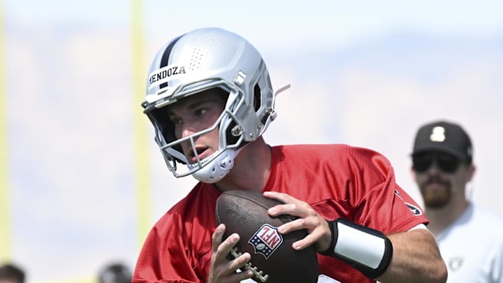 May 2, 2026; Henderson, NV, USA; Las Vegas Raiders quarterback Fernando Mendoza (15) runs through a drill during a Rookie Minicamp at Intermountain Health Performance Center. Mandatory Credit: Candice Ward-Imagn Images