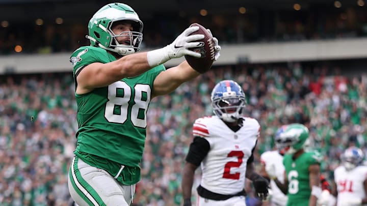 Oct 26, 2025; Philadelphia, Pennsylvania, USA; Philadelphia Eagles tight end Dallas Goedert (88) scores a touchdown against the New York Giants in the fourth quarter at Lincoln Financial Field.