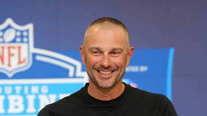 Feb 24, 2026; Indianapolis, IN, USA; Las Vegas Raiders general manager John Spytek speaks at the NFL Scouting Combine at the Indiana Convention Center. Mandatory Credit: Kirby Lee-Imagn Images