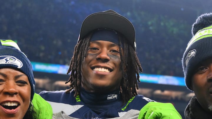 Seattle Seahawks wide receiver Rashid Shaheed celebrates