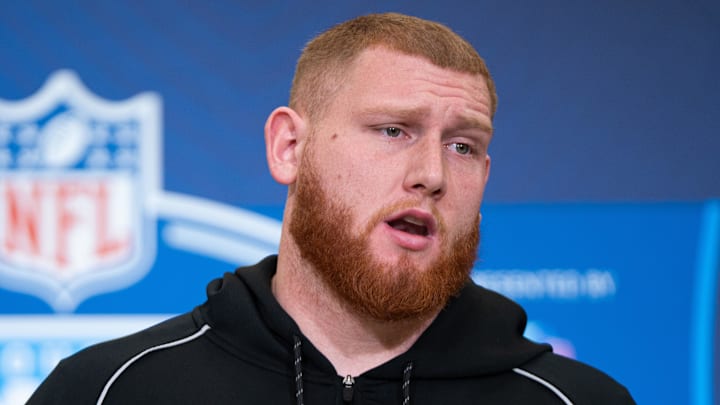 Georgia Tech offensive lineman Keylan Rutledge (OL44) speaks to members of the media during the NFL Combine.