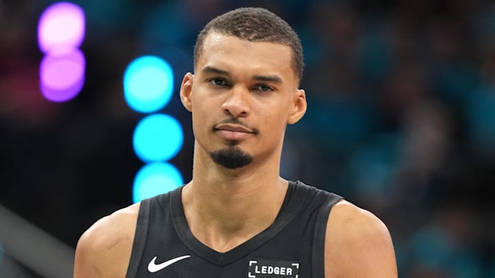 Apr 19, 2026; San Antonio, Texas, USA; San Antonio Spurs forward Victor Wembanyama (1) reacts to a call by an official during the second half of game one of the first round of the 2026 NBA Playoffs against the Portland Trail Blazers at Frost Bank Center. Mandatory Credit: Scott Wachter-Imagn Images