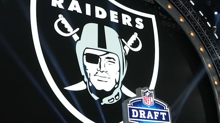 Apr 25, 2024; Detroit, MI, USA; A Las Vegas Raiders logo at the 2024 NFL Draft at Campus Martius Park and Hart Plaza. Mandatory Credit: Kirby Lee-Imagn Images
