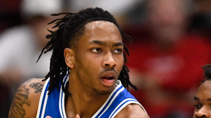 Jan 17, 2026; Stanford, California, USA; Duke Blue Devils guard Isaiah Evans (3) dribbles against Stanford Cardinal guard Ebuka Okorie (1) in the first half at Maples Pavilion. Mandatory Credit: Eakin Howard-Imagn Images