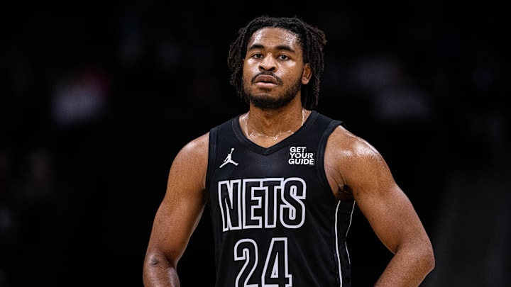 Mar 8, 2025; Charlotte, North Carolina, USA; Brooklyn Nets guard Cam Thomas (24) looks on during a break against the Charlotte Hornets during the second quarter at Spectrum Center. Mandatory Credit: Scott Kinser-Imagn Images