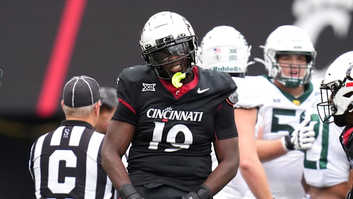 Cincinnati Bearcats linebacker Tyler Gillison (19) reacts after a defensive play in the fourth quarter during a college football game between the Baylor Bears and the Cincinnati Bearcats, Saturday, Oct. 21, 2023, at Nippert Stadium in Cincinnati. Cincinnati Bearcats linebacker Tyler Gillison (19) reacts after a defensive play in the fourth quarter during a college football game between the Baylor Bears and the Cincinnati Bearcats, Saturday, Oct. 21, 2023, at Nippert Stadium in Cincinnati.