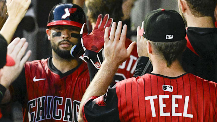 Chicago White Sox catchers Edgar Quero (7) and Kyle Teel (8) celebrate against the Chicago Cubs at Rate Field. Chicago White Sox catchers Edgar Quero (7) and Kyle Teel (8) celebrate against the Chicago Cubs at Rate Field.