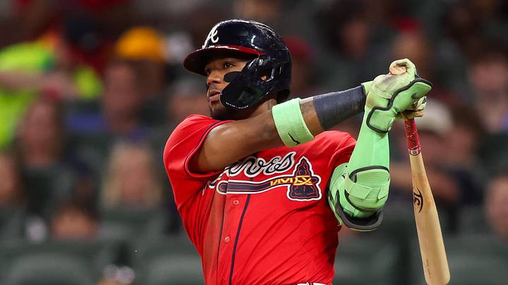Jun 5, 2026; Atlanta, Georgia, USA; Atlanta Braves right fielder Ronald Acuna Jr. (13) hits a single against the Pittsburgh Pirates in the sixth inning at Truist Park. Mandatory Credit: Brett Davis-Imagn Images