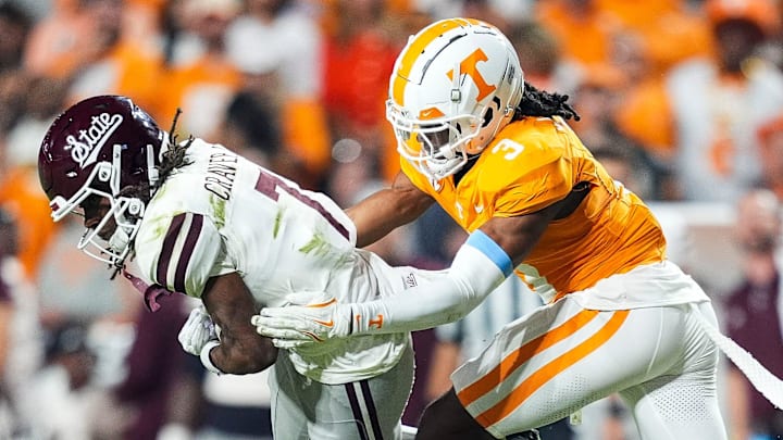 Tennessee defensive back Jermod McCoy (3) takes down Mississippi State wide receiver Mario Craver (7) during a college football game between Tennessee and Mississippi State at Neyland Stadium in Knoxville, Tenn., on Saturday, Nov. 9, 2024.