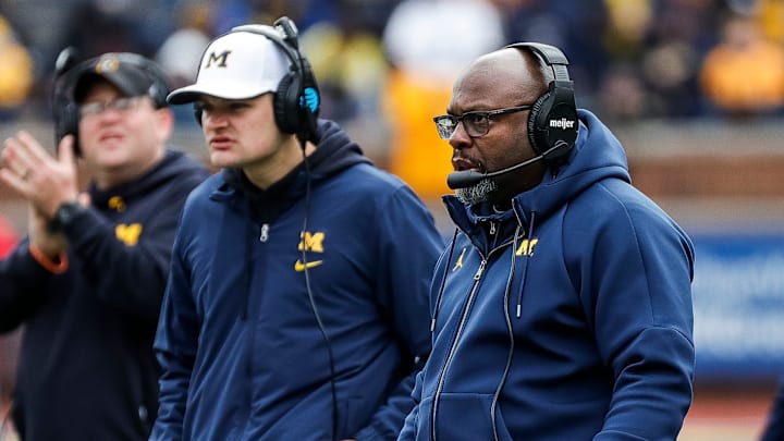Michigan offensive run game coordinator and running backs coach Tony Alford during the second half of the spring game at Michigan Stadium in Ann Arbor on Saturday, April 20, 2024.
