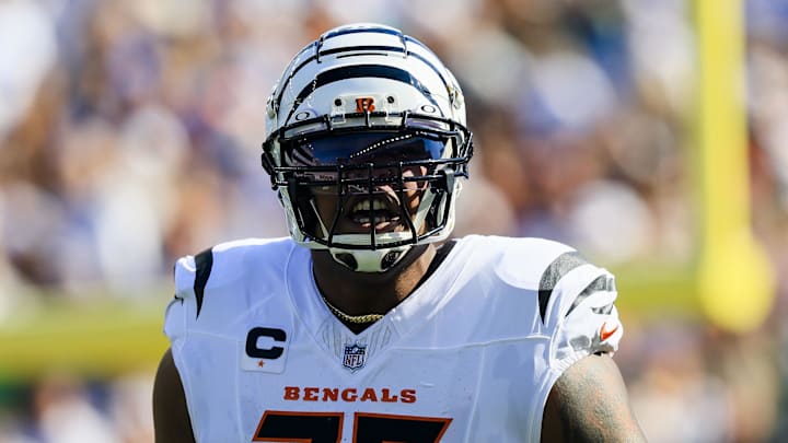 Oct 27, 2024; Cincinnati, Ohio, USA; Cincinnati Bengals offensive tackle Orlando Brown Jr. (75) runs onto the field before the game against the Philadelphia Eagles at Paycor Stadium. Mandatory Credit: Katie Stratman-Imagn Images