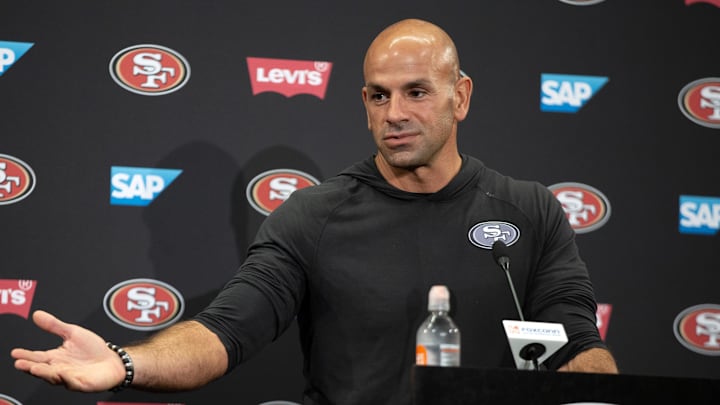 Jul 24, 2025; Santa Clara, CA, USA; San Francisco 49ers defensive coordinator Robert Saleh answers questions from reporters following the second day of training camp. Mandatory Credit: D. Ross Cameron-Imagn Images