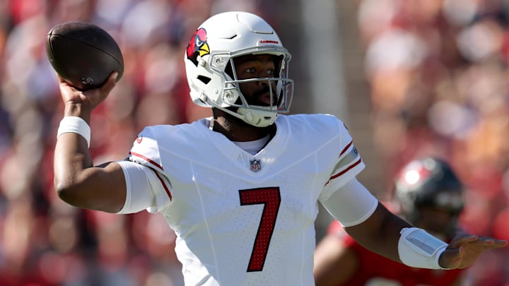 Nov 30, 2025; Tampa, Florida, USA; Arizona Cardinals quarterback Jacoby Brissett (7) throws during the first half against the Tampa Bay Buccaneers at Raymond James Stadium. Mandatory Credit: Nathan Ray Seebeck-Imagn Images
