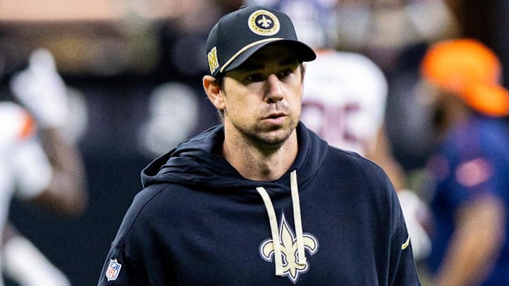Oct 17, 2024; New Orleans, Louisiana, USA; New Orleans Saints offensive coordinator Klint Kubiak during the warmups before the game against the Denver Broncos at Caesars Superdome. Mandatory Credit: Stephen Lew-Imagn Images Oct 17, 2024; New Orleans, Louisiana, USA; New Orleans Saints offensive coordinator Klint Kubiak during the warmups before the game against the Denver Broncos at Caesars Superdome. Mandatory Credit: Stephen Lew-Imagn Images