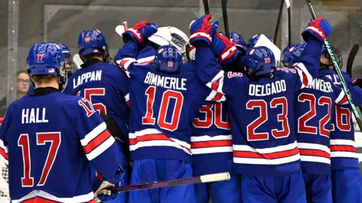 The U.S. Under 17- Men's Select Team celebrates during an overtime win against Slovakia in the Four Nations hockey tournament in Czechia.  