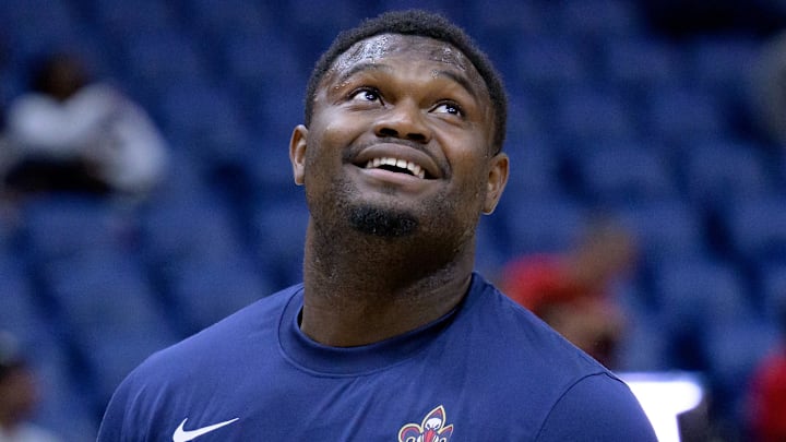 Oct 10, 2023; New Orleans, Louisiana, USA; New Orleans Pelicans forward Zion Williamson (1) smiles before a game against the Orlando Magic at the Smoothie King Center. Mandatory Credit: Matthew Hinton-Imagn Images