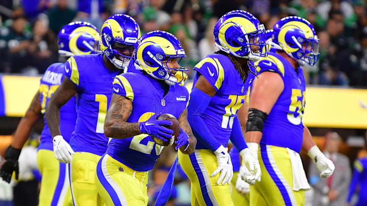 Nov 24, 2024; Inglewood, California, USA; Los Angeles Rams running back Kyren Williams (23) celebrates his touchdown scored against the Philadelphia Eagles during the first half at SoFi Stadium. Mandatory Credit: Gary A. Vasquez-Imagn Images Nov 24, 2024; Inglewood, California, USA; Los Angeles Rams running back Kyren Williams (23) celebrates his touchdown scored against the Philadelphia Eagles during the first half at SoFi Stadium. Mandatory Credit: Gary A. Vasquez-Imagn Images