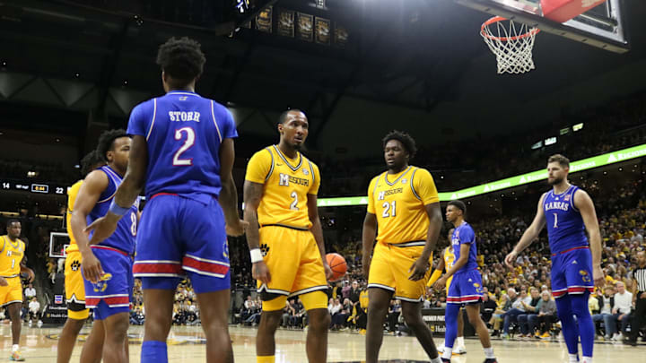 Dec 8, 2024; Columbia, Missouri, USA; Missouri Tigers guard Tamar Bates against the Kansas Jayhawks at Mizzou Arena. 
