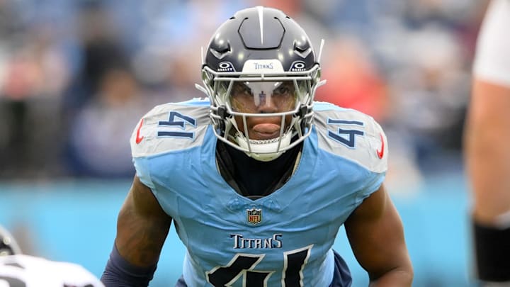 Dec 8, 2024; Nashville, Tennessee, USA;  Tennessee Titans linebacker Otis Reese IV (41) looks into the backfield against the Jacksonville Jaguars during the first half at Nissan Stadium. Mandatory Credit: Steve Roberts-Imagn Images