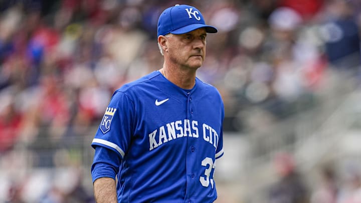 Mar 29, 2026; Cumberland, Georgia, USA; Kansas City Royals manager Matt Quatraro (33) on the field after a pitching change against the Atlanta Braves during the seventh inning at Truist Park. Mandatory Credit: Dale Zanine-Imagn Images