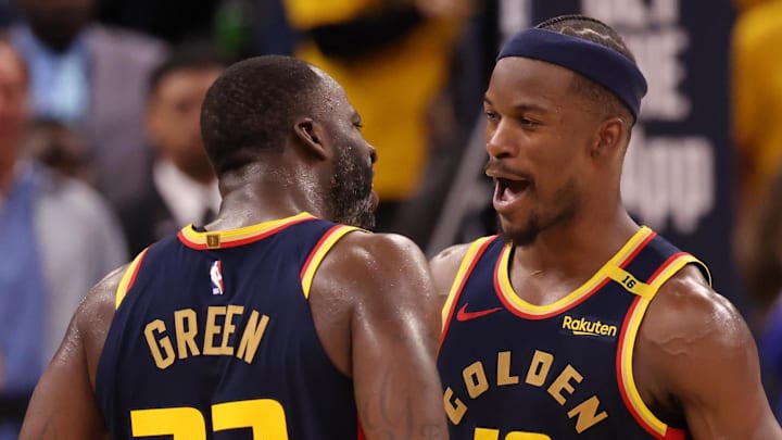 Apr 28, 2025; San Francisco, California, USA; Golden State Warriors forward Draymond Green (23) celebrates with forward Jimmy Butler III (10) after a play against the Houston Rockets during the fourth quarter of game four of the 2025 NBA Playoffs first round at Chase Center. Mandatory Credit: Kelley L Cox-Imagn Images Apr 28, 2025; San Francisco, California, USA; Golden State Warriors forward Draymond Green (23) celebrates with forward Jimmy Butler III (10) after a play against the Houston Rockets during the fourth quarter of game four of the 2025 NBA Playoffs first round at Chase Center. Mandatory Credit: Kelley L Cox-Imagn Images