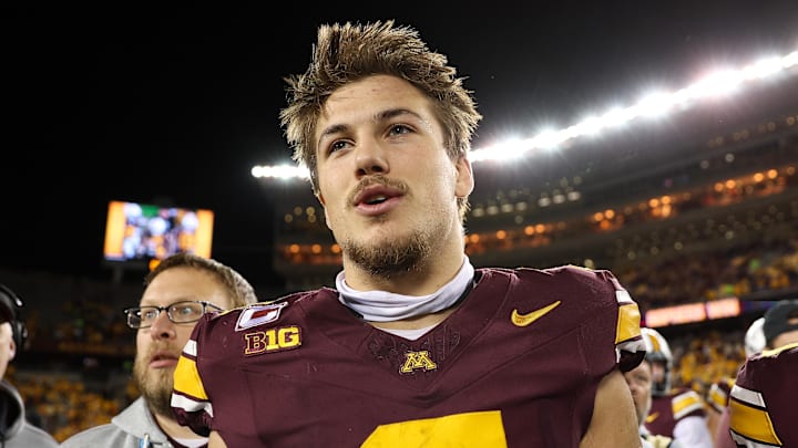 Oct 11, 2025; Minneapolis, Minnesota, USA; Minnesota Golden Gophers defensive back Koi Perich (3) reacts to his teams win after the game against the Purdue Boilermakers at Huntington Bank Stadium. Mandatory Credit: Matt Krohn-Imagn Images