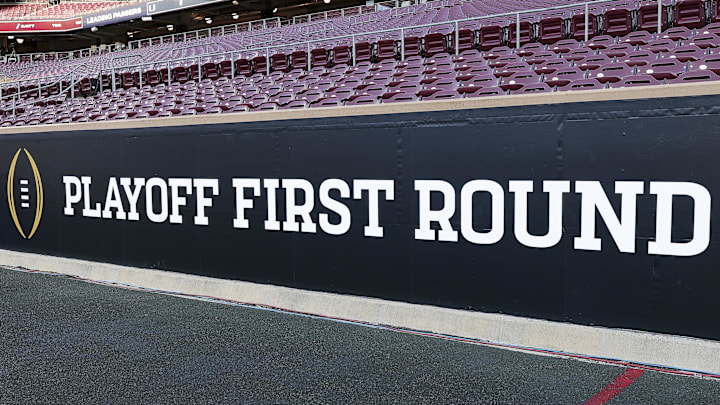 Dec 20, 2025; College Station, TX, USA; A detail view of College Football Playoffs logo on a banner at Kyle Field prior to the game between the Miami Hurricanes and the Texas A&M Aggies. Mandatory Credit: Maria Lysaker-Imagn Images