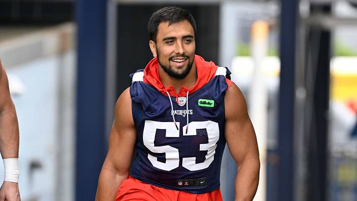 Jun 9, 2025; Foxborough, MA, USA; New England Patriots linebacker Christian Elliss (53) walks to the practice fields at Gillette Stadium. Mandatory Credit: Eric Canha-Imagn Images