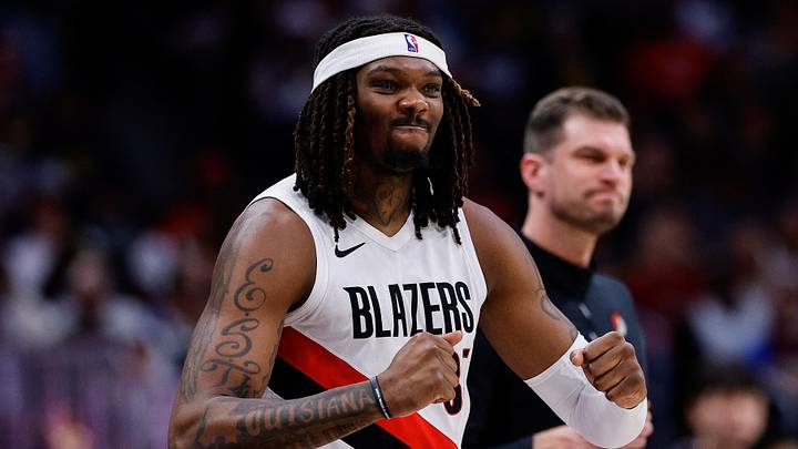 Apr 6, 2026; Denver, Colorado, USA; Portland Trail Blazers center Robert Williams III (35) reacts from the sideline in the third quarter against the Denver Nuggets at Ball Arena. Mandatory Credit: Isaiah J. Downing-Imagn Images