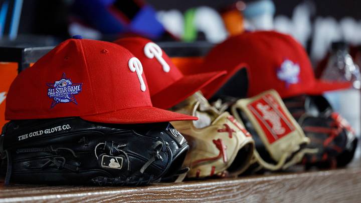 May 2, 2026; Miami, Florida, USA; Philadelphia Phillies starting hats and gloves sit on the bench against the Miami Marlins during the fifth inning at loanDepot Park. Mandatory Credit: Rhona Wise-Imagn Images May 2, 2026; Miami, Florida, USA; Philadelphia Phillies starting hats and gloves sit on the bench against the Miami Marlins during the fifth inning at loanDepot Park. Mandatory Credit: Rhona Wise-Imagn Images