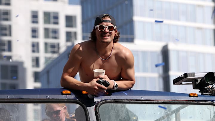 Nov 3, 2025; Los Angeles, CA, USA;  Los Angeles Dodgers first baseman Enrique Hernandez acknowledges the crowd during the World Series championship parade at downtown Los Angeles. Mandatory Credit: Kiyoshi Mio-Imagn Images
