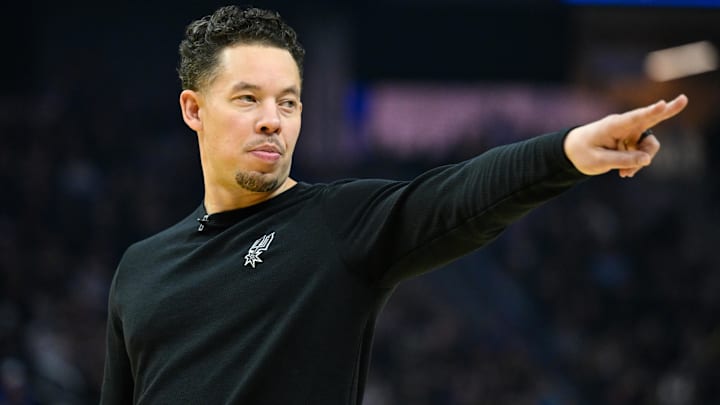 Feb 11, 2026; San Francisco, California, USA; San Antonio Spurs head coach Mitch Johnson reacts after calling a time out against the Golden State Warriors in first quarter at Chase Center. Mandatory Credit: Eakin Howard-Imagn Images