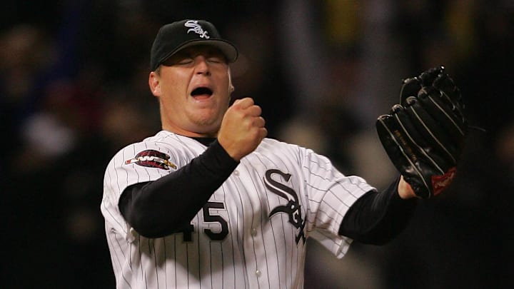 Chicago White Sox closer (45) Bobby Jenks reacts after the final out of Game 1 of the 2005 World Series against the Houston Astros at US Cellular Field in Chicago. Chicago White Sox closer (45) Bobby Jenks reacts after the final out of Game 1 of the 2005 World Series against the Houston Astros at US Cellular Field in Chicago.